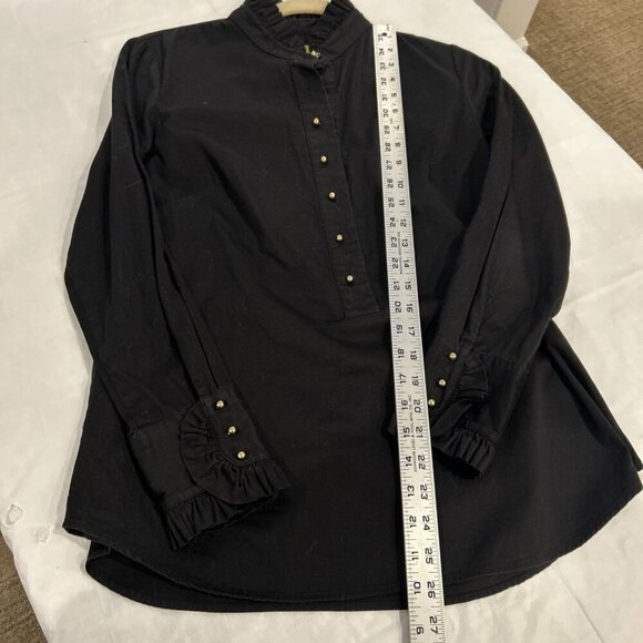 Elizabeth McKay Womens 8 Black Blouse Ruffle Neck‎ Gold Buttons Tuxedo Style - Picture 6 of 10
